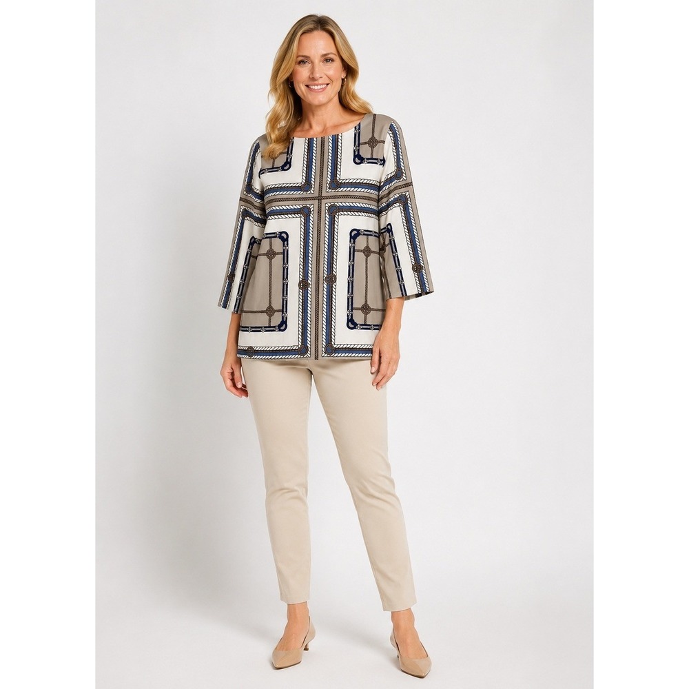 Talbots Top Womens Medium Petite White Tan‎ Equestrian Print Rayon